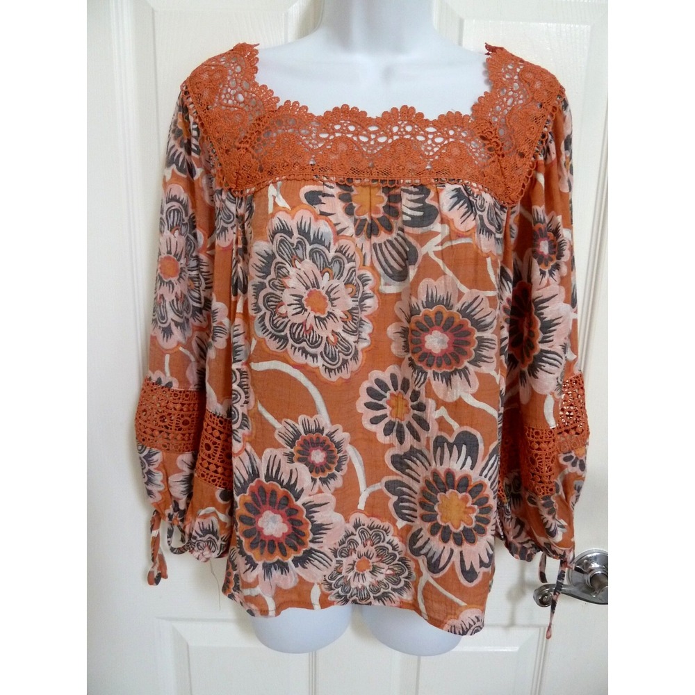 Zac & Rachel Womens Large Floral Balloon Tie Sleeve Crochet Lace Blouse Boho L